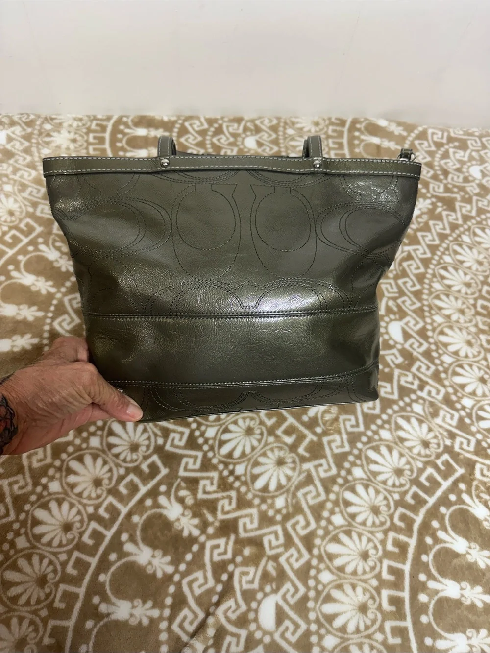 COACH Olive Leather Tote with Signature Charm